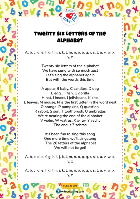 Image of Kids Alphabet Song Twenty Six Letters of the Alphabet with Lyrics Sheet Poster by Love to Sing