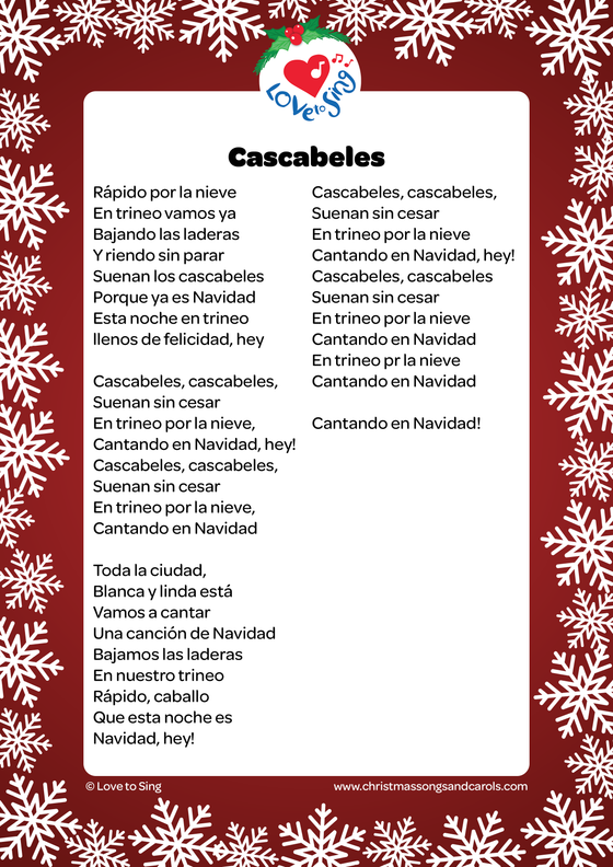 Cascabeles con Letra (Spanish Jingle Bells with Lyrics) Free downloadable PDF Lyric Sheet | Love to Sing