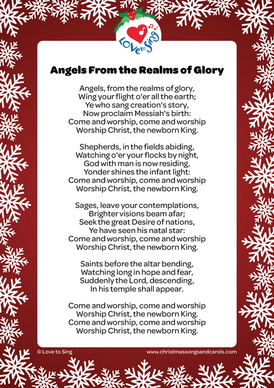 Christmas song Angels From the Realms of Glory Lyrics Printable PDF | Love to Sing