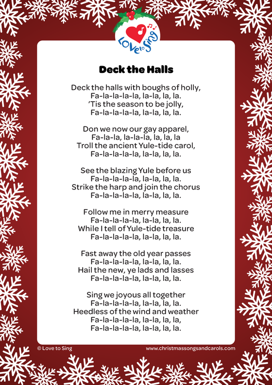 Christmas song Deck the Halls Lyrics Printable PDF | Love to Sing