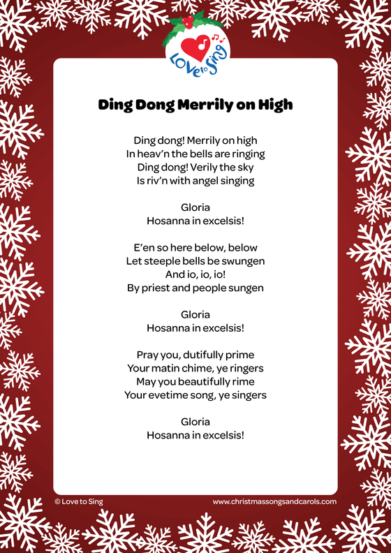 Christmas song Ding Dong Merrily On High Lyrics Printable pdf Download | Love to Sing