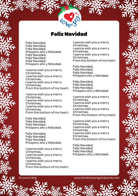 Christmas song Feliz Navidad lyrics printable pdf download | Love to Sing