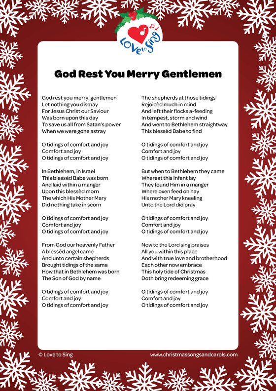 Christmas song God Rest You Merry Gentlemen Lyrics pdf | Love to Sing