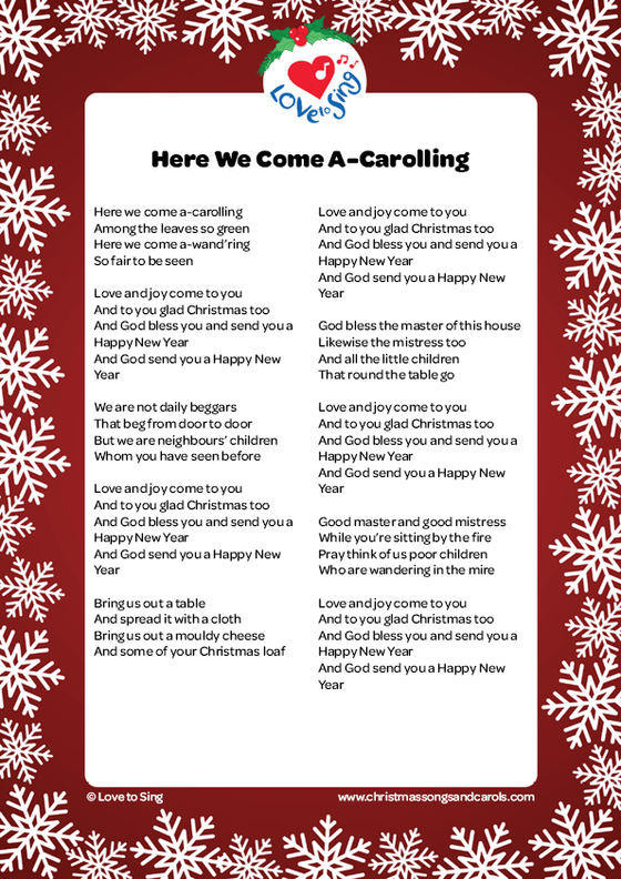 Christmas song Here We Come A-Carolling Free Lyrics Printable PDF | Love to Sing