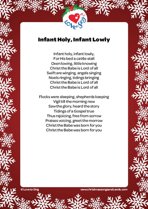 Christmas song Infant Holy Infant Lowly Free PDF Printable Lyric Sheet Download | Love to Sing