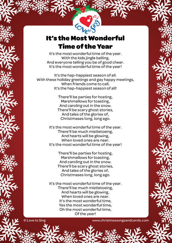It's the Most Wonderful Time of the Year printable pdf lyric sheet | Love to Sing