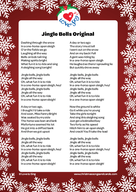 Christmas song Jingle Bells Original Lyrics sheet printable and downloadable pdf | Love to Sing