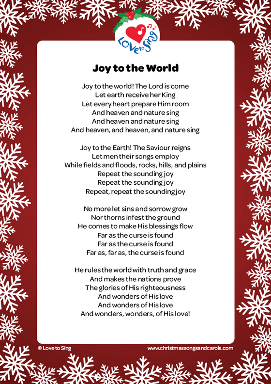 Christmas song Joy to the World Lyrics free printable pdf download | Love to Sing