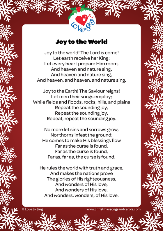 Christmas song - Joy to the World Lyrics pdf | Christmas Songs & Carols - Love to Sing