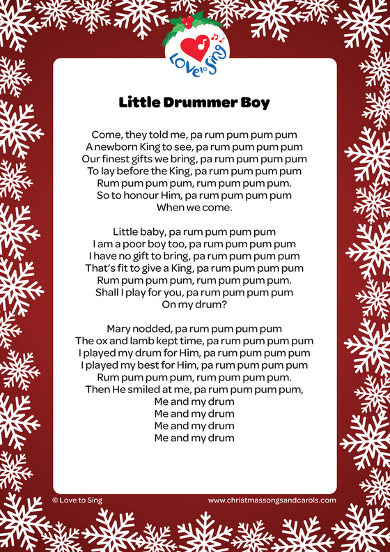 Christmas song Little Drummer Boy Lyrics printable pdf download | Love to Sing