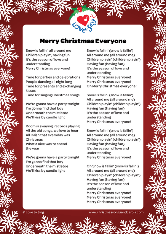 Merry Christmas Everyone Downloadable and Printable PDF Lyric Sheet | Love to Sing
