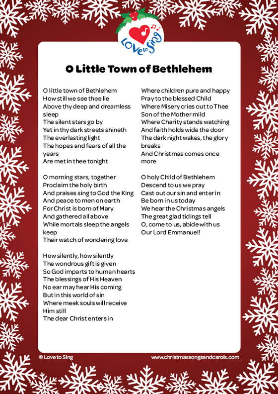 Christmas song O Little Town of Bethlehem Lyrics printable pdf download | Love to Sing