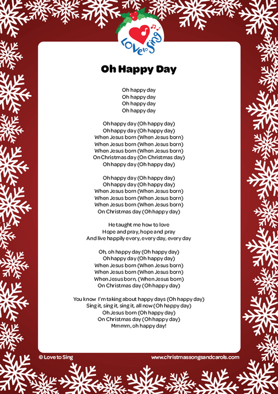 Christmas song Oh Happy Day, On Christmas Day Lyrics printable pdf download | Love to Sing