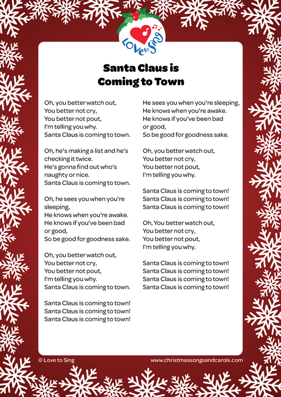 Christmas song Santa Claus is Coming to Town with Lyrics printable pdf | Love to Sing