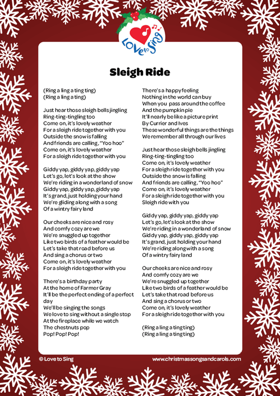 Christmas song Sleigh Ride Lyrics printable pdf download | Love to Sing