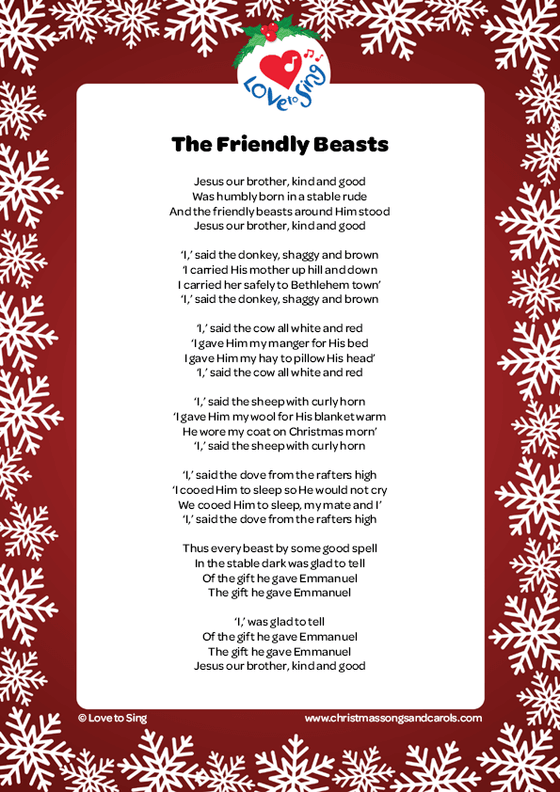 Christmas song The Friendly Beasts Lyrics printable pdf download | Love to Sing