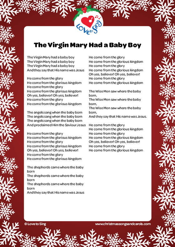 Christmas song The Virgin Mary Had a Baby Boy Lyrics printable pdf download | Love to Sing