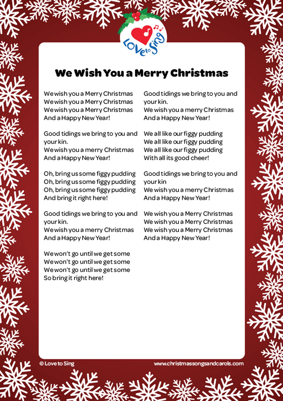 Christmas song We Wish You a Merry Christmas Lyrics printable pdf download | Love to Sing