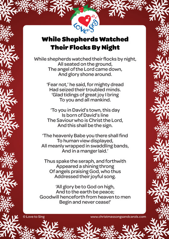 Christmas song While Shepherds Watched Their Flocks By Night lyrics printable pdf download | Love to Sing