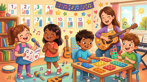 An illustration of a classroom learning Numicon with Love to Sing Times Tables