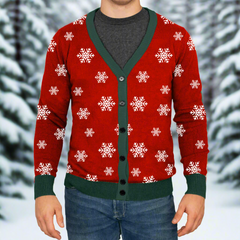 Men's Christmas Snowflake Knitted Cardigan Green Trim