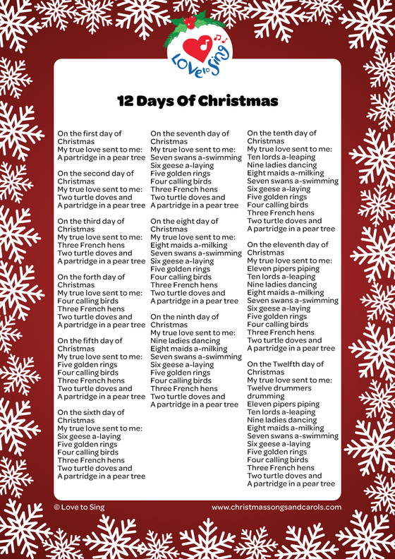 12 Days of Christmas Remix Lyrics pdf | Christmas Songs and Carols - Love to Sing