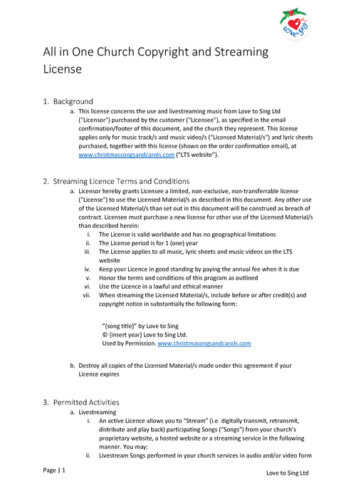 All in One Church Copyright and Livestream Licence Page 1 | Love to Sing