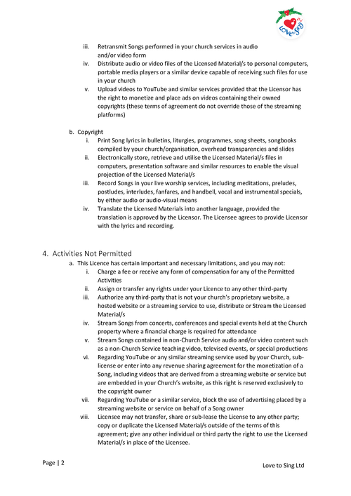 All in One Church Copyright and Livestream Licence Page 2 | Love to Sing