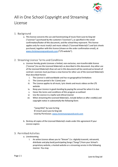 All in One School Copyright and Livestream Licence Page 1 | Love to Sing