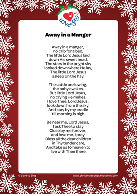 Christmas song Away in a Manger Printable PDF Lyric Sheet by Love to Sing