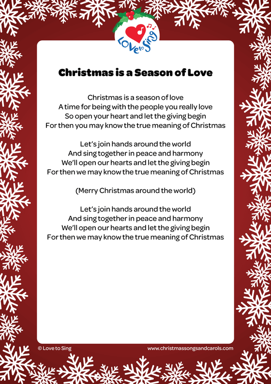 Christmas songs Christmas is a Season of Love Free Printable PDF Lyric Download by Love to Sing