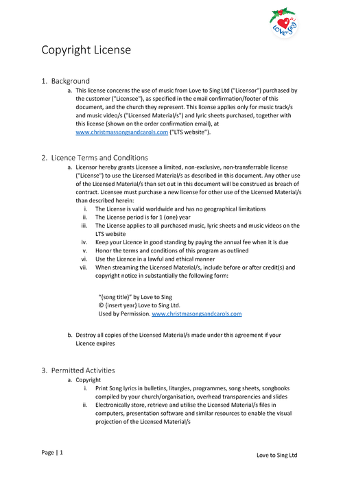 Church Copyright Licence Page 1 | Love to Sing