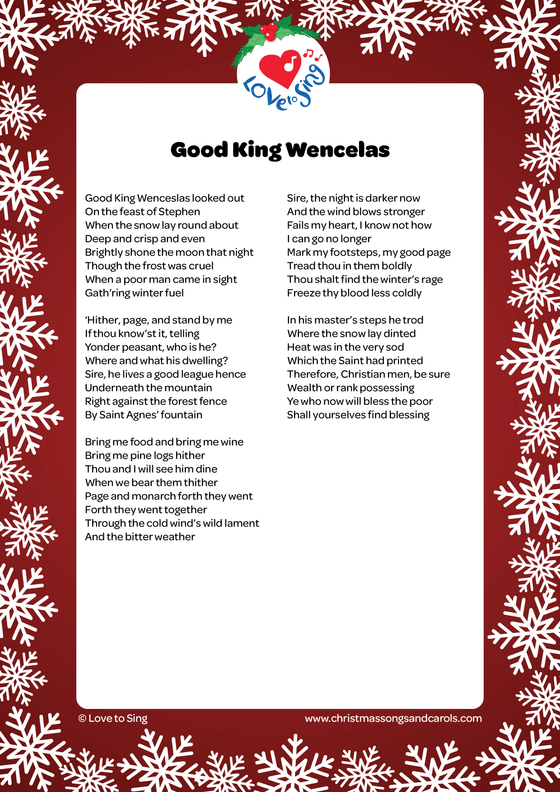 Christmas song Good King Wenceslas Lyrics free printable pdf | Love to Sing