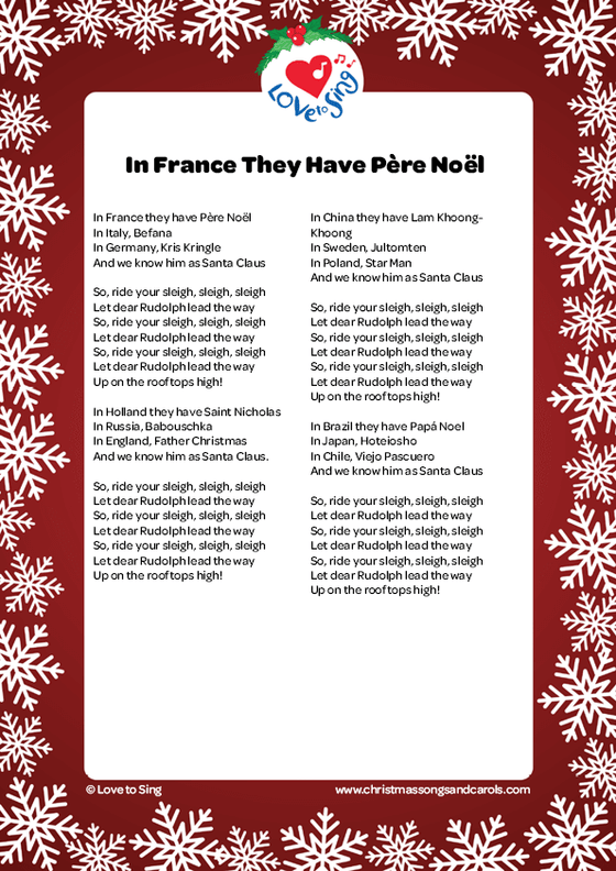 Christmas song In France they have Pere Noel Lyrics free printable pdf | Love to Sing