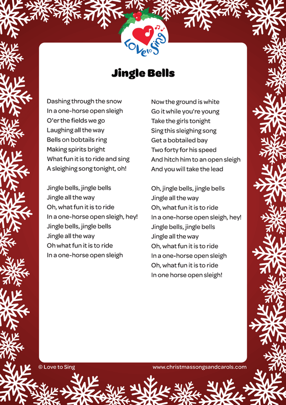 Christmas song Jingle Bells Lyrics printable pdf download | Love to Sing