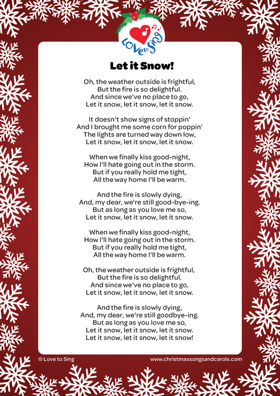 Christmas song Let it Snow with pdf printable lyric sheet | Love to Sing