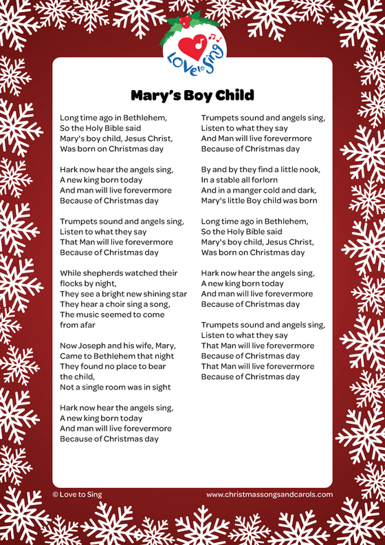 Mary's Boy Child Downloadable and Printable PDF Lyric Sheet | Love to Sing