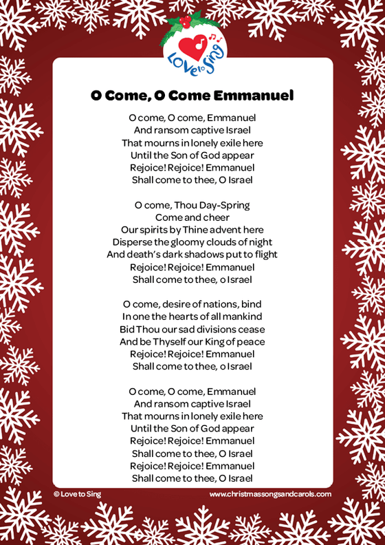 Christmas song O Come O Come Emmanuel Lyrics printable pdf downloads | Love to Sing