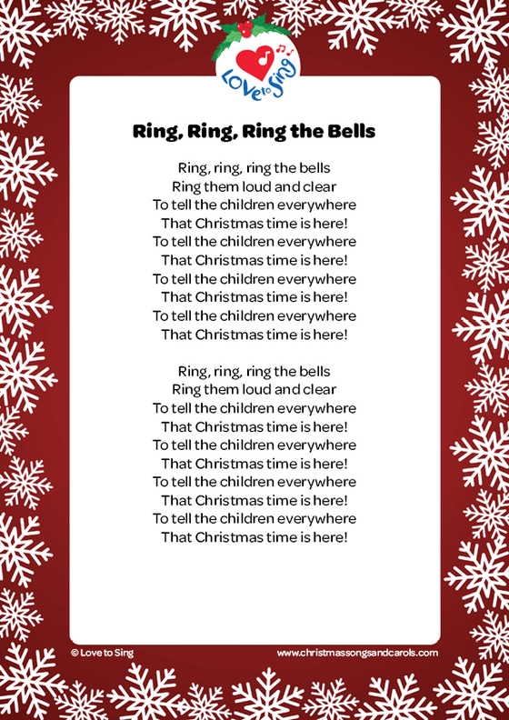 Christmas song Ring Ring Ring the Bells Lyrics printable pdf download | Love to Sing