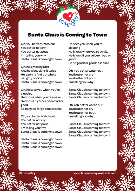 Christmas song Santa Claus is Coming to Town with Lyrics printable pdf | Love to Sing