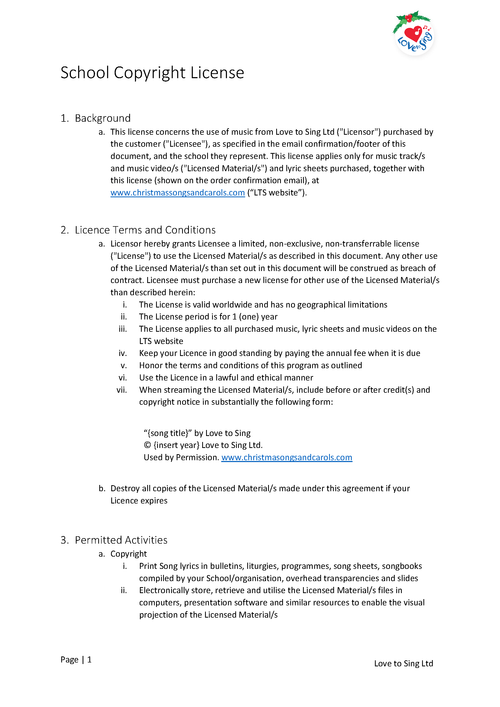 School Copyright Licence Page 1 | Love to Sing