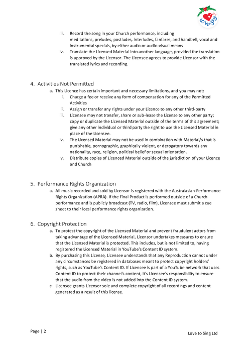 Single Use Performance Church Copyright Licence Page 2 | Love to Sing
