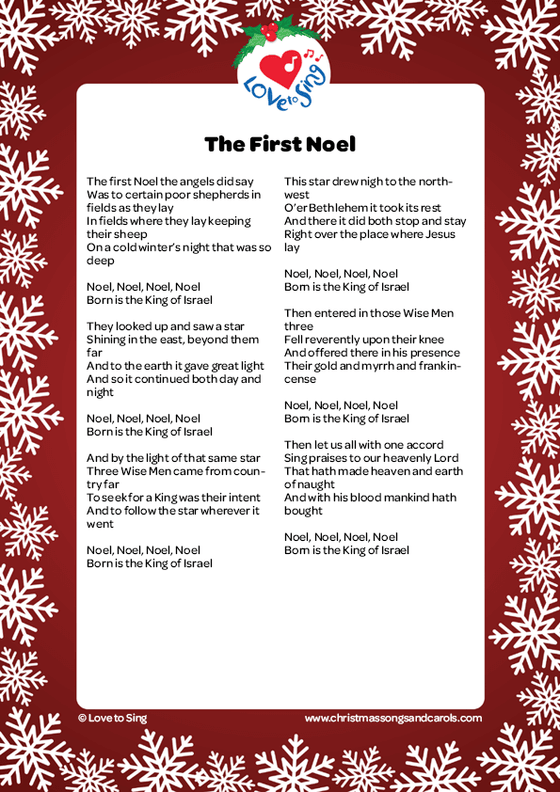 Christmas song The First Noel Lyrics printable pdf download | Love to Sing