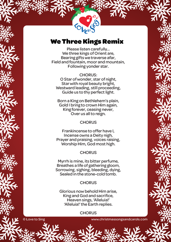 Christmas carol We Three Kings Remix with lyrics pdf | Love to Sing