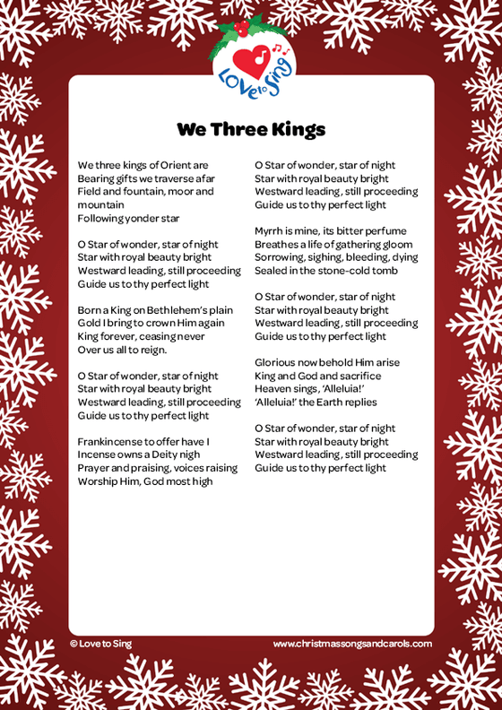 Christmas song We Three Kings Lyrics printable pdf download | Love to Sing