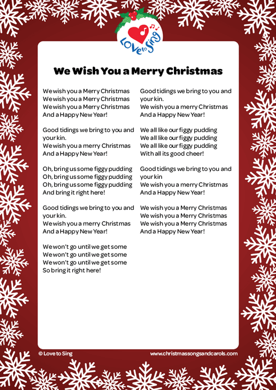 Christmas song We Wish You a Merry Christmas Lyrics printable pdf download | Love to Sing